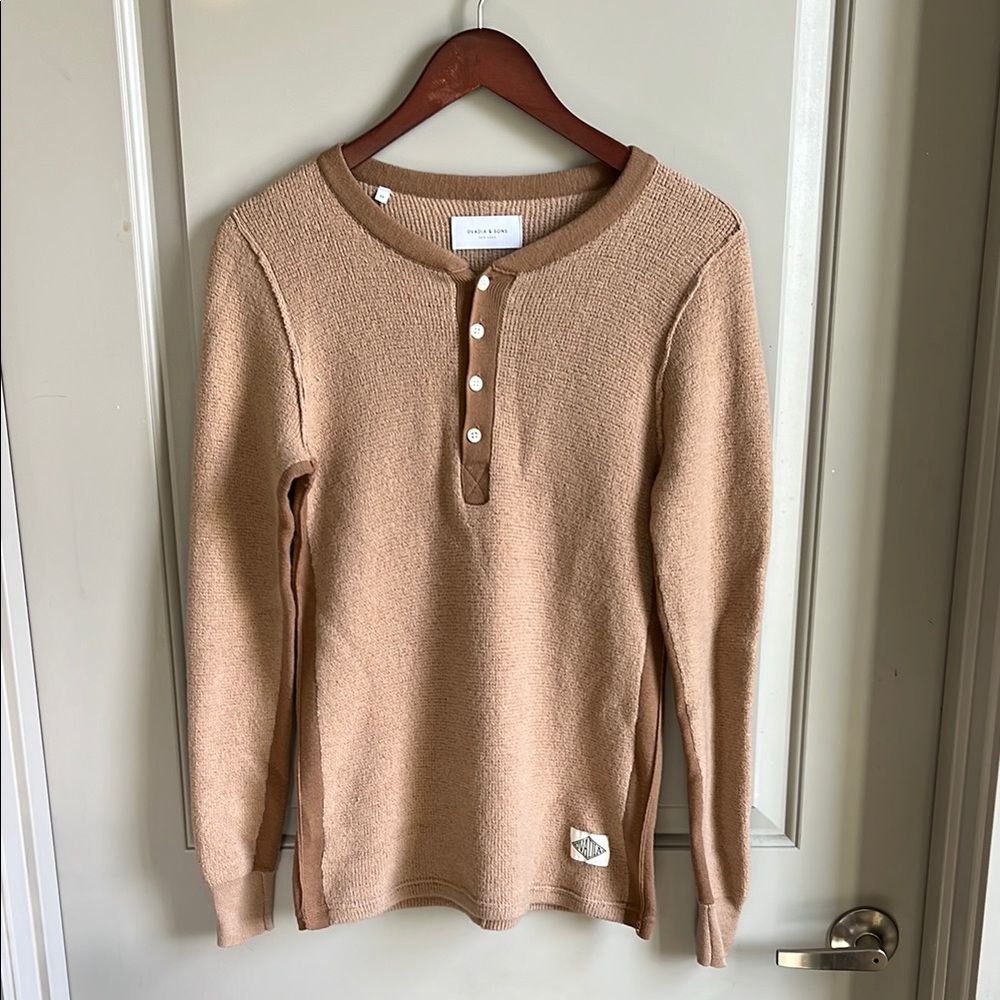 Ovadia & Sons 100% Wool Tan Waffle Henley Sweater Size Medium/Slim